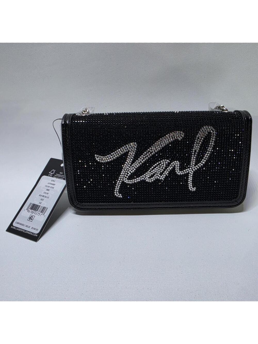 KARL LAGERFELD PARIS Black Metallic Wristlet Wallet with Rhinestone Logo, Zipper